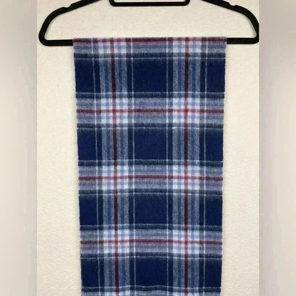 MONOPRIX Unisex One Size 100% Wool Fringe Scarf Blue Plaid Minimalist Essentials - Picture 9 of 13